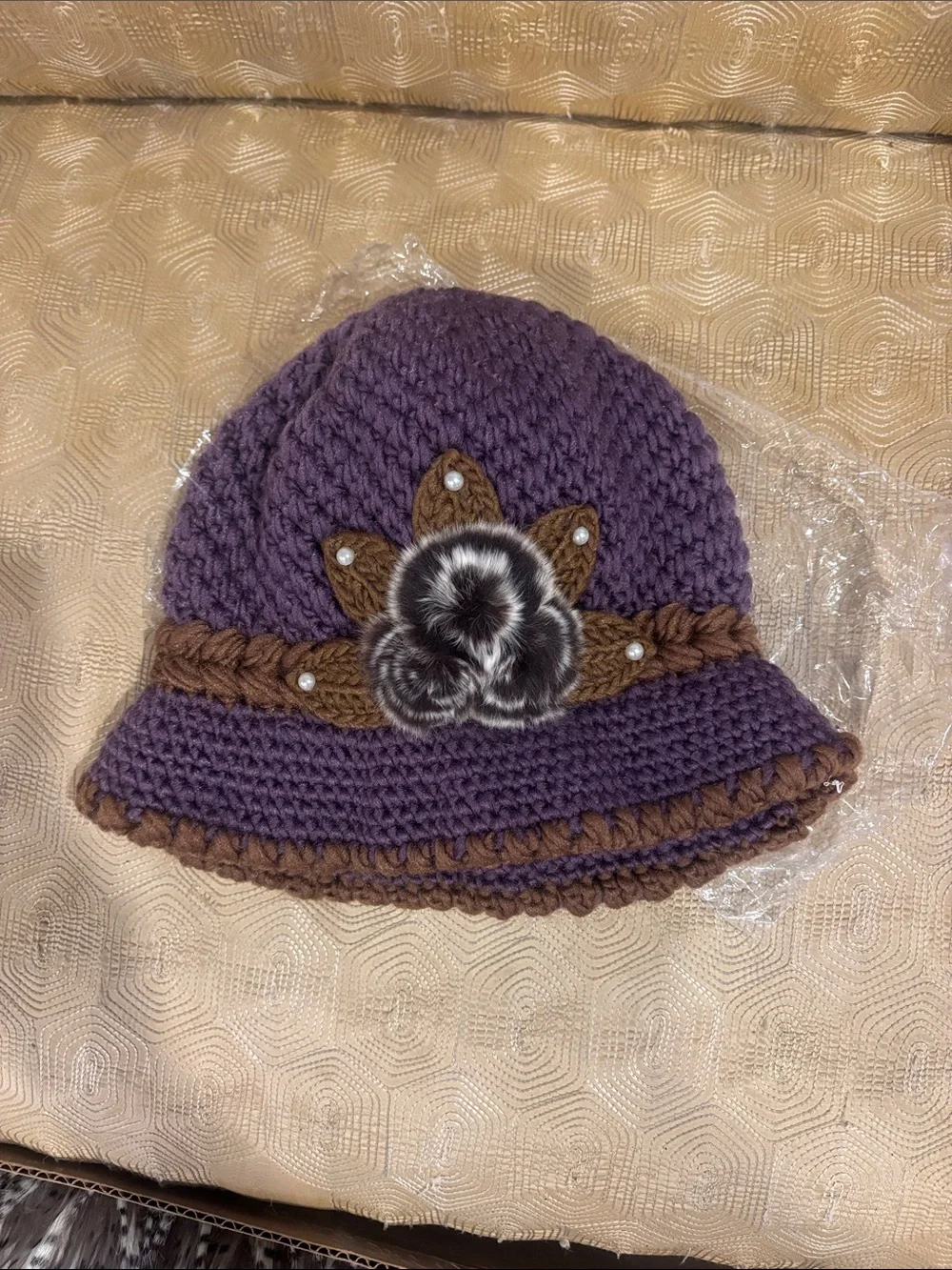 Vintage Style Crochet Cloche Bucket Hat with 3D Floral Pearl Detail